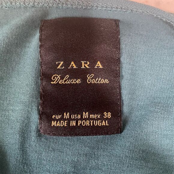 ZARA Cotton V-Neck T-Shirt Teal Short Sleeve Curved Hem Unisex Adult Size M - Picture 8 of 8